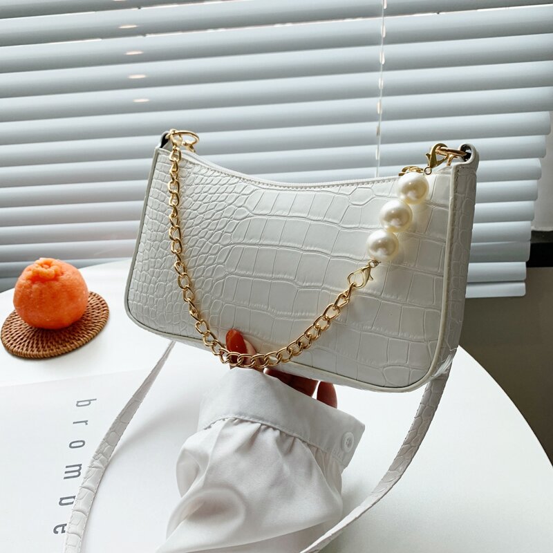 

Faux Pearl Decor Croc Embossed Baguette Bag, White