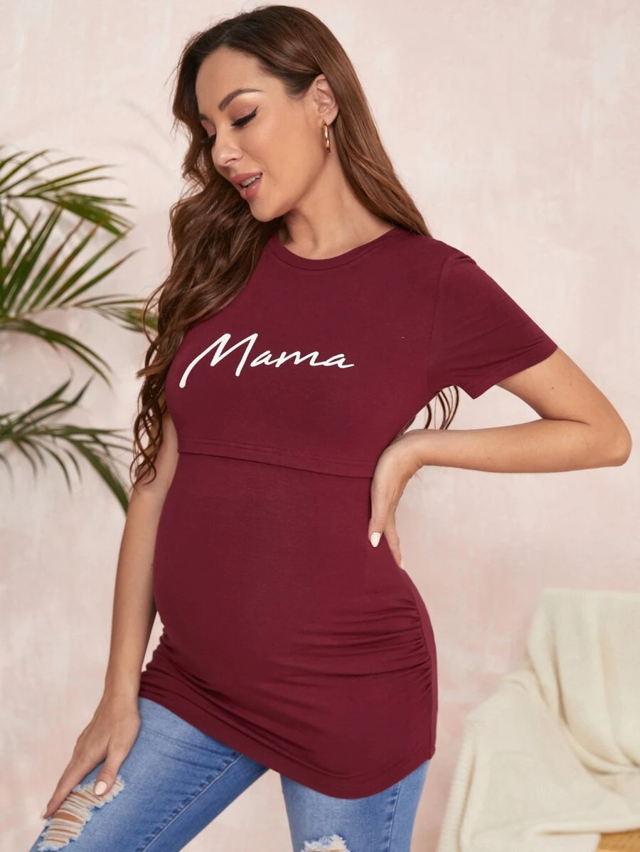 SHEIN Maternity Letter Graphic Nursing Tee - Maroon - View 1