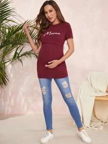SHEIN Maternity Letter Graphic Nursing Tee - Maroon - View 3