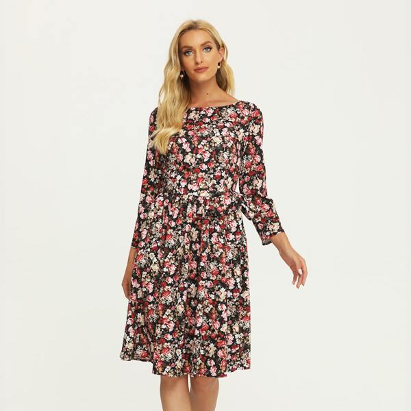 

Allover Floral Belted Dress, Multicolor