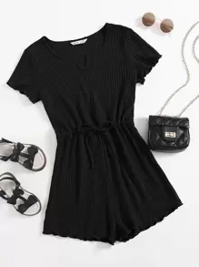SHEIN Teen Girls Notch Neck Drawstring Waist Lettuce Trim Waffle Knit Romper