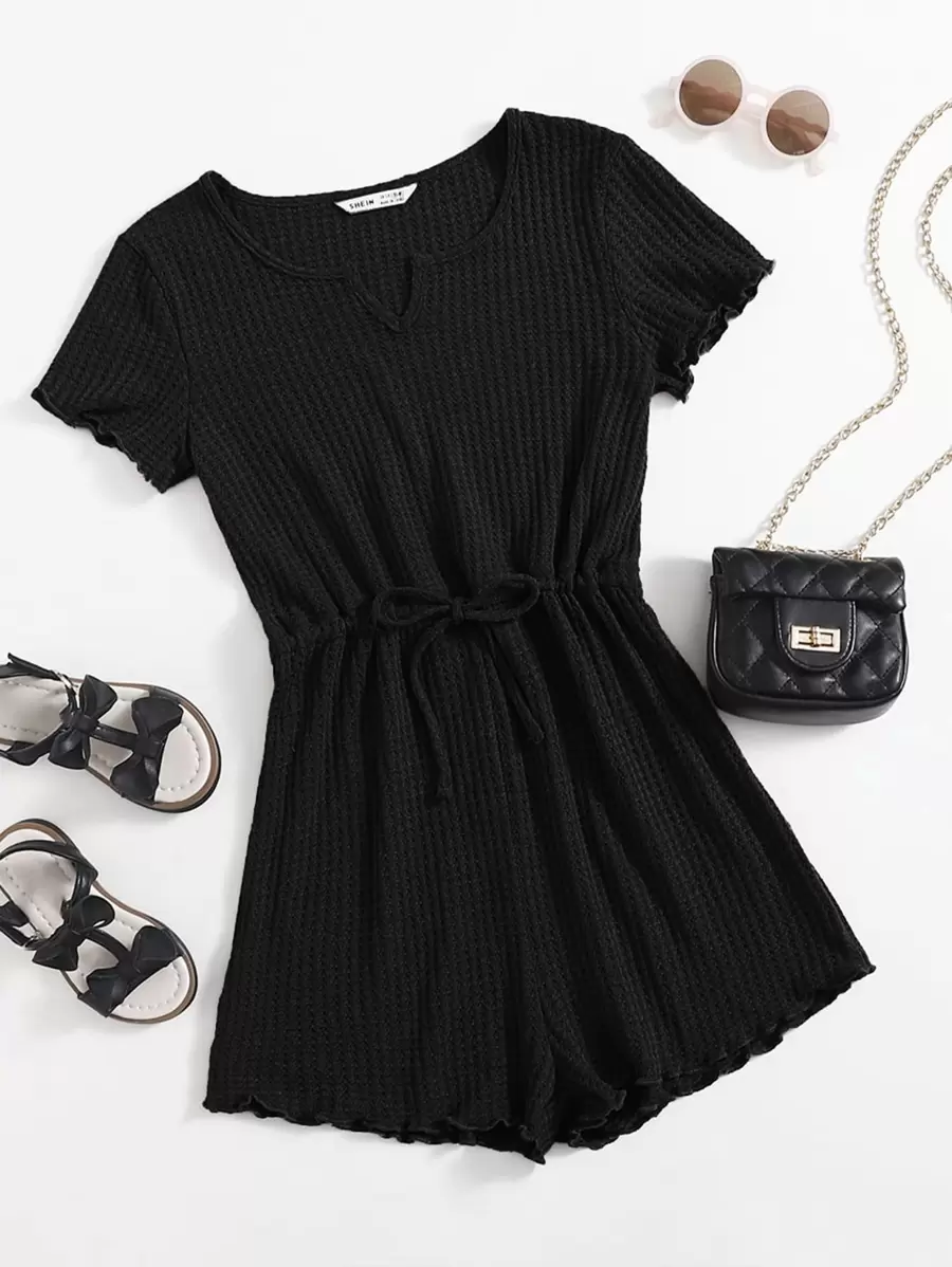 SHEIN Teen Girls Notch Neck Drawstring Waist Lettuce Trim Waffle Knit Romper