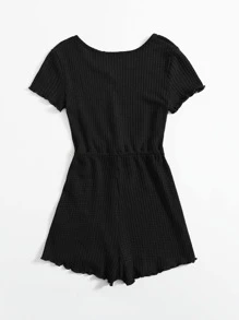 SHEIN Teen Girls Notch Neck Drawstring Waist Lettuce Trim Waffle Knit Romper