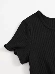 SHEIN Teen Girls Notch Neck Drawstring Waist Lettuce Trim Waffle Knit Romper