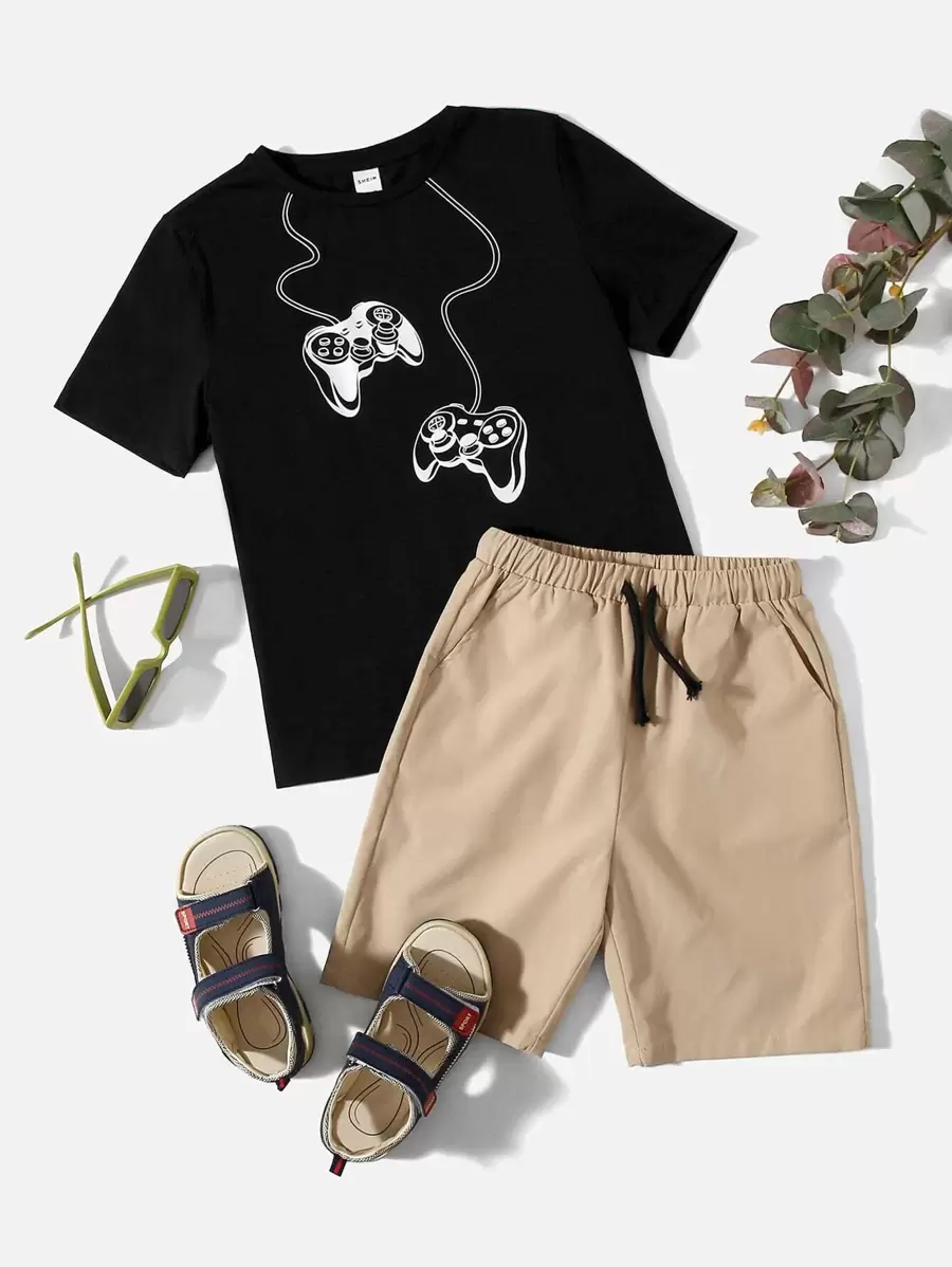 SHEIN Boys Gamepad Print Top & Shorts Set - Black - View 1