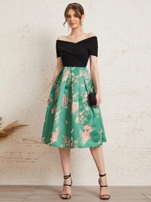 SHEIN Clasi Off Shoulder Cross Wrap Bodice Boxy Pleated Floral Dress - Multicolor - View 1