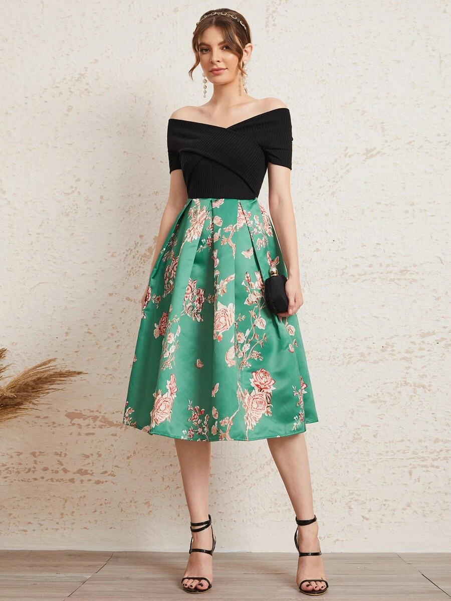 SHEIN Clasi Off Shoulder Cross Wrap Bodice Boxy Pleated Floral Dress - Multicolor - View 1