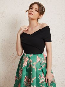 SHEIN Clasi Off Shoulder Cross Wrap Bodice Boxy Pleated Floral Dress - Multicolor - View 3