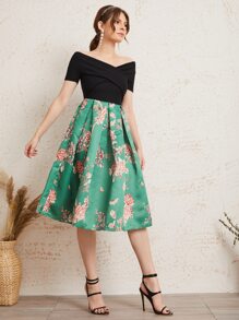 SHEIN Clasi Off Shoulder Cross Wrap Bodice Boxy Pleated Floral Dress - Multicolor - View 4