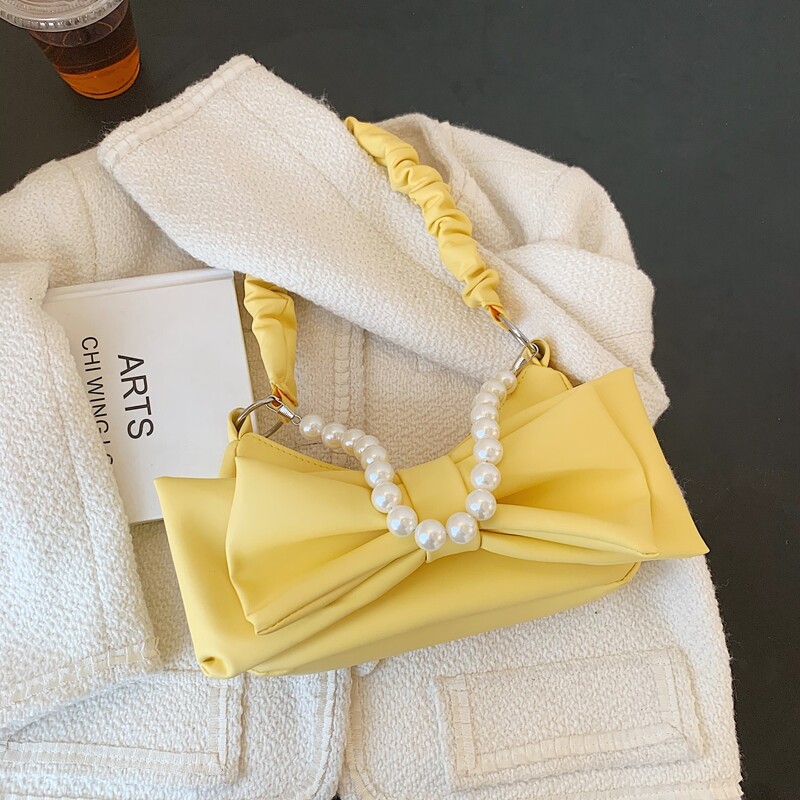 

Faux Pearl & Bow Decor Ruched Bag, Yellow