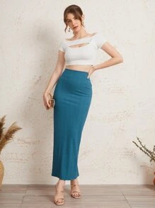Mulvari Falda de lápiz de espalda con abertura - Agua verde azul - Ver 4