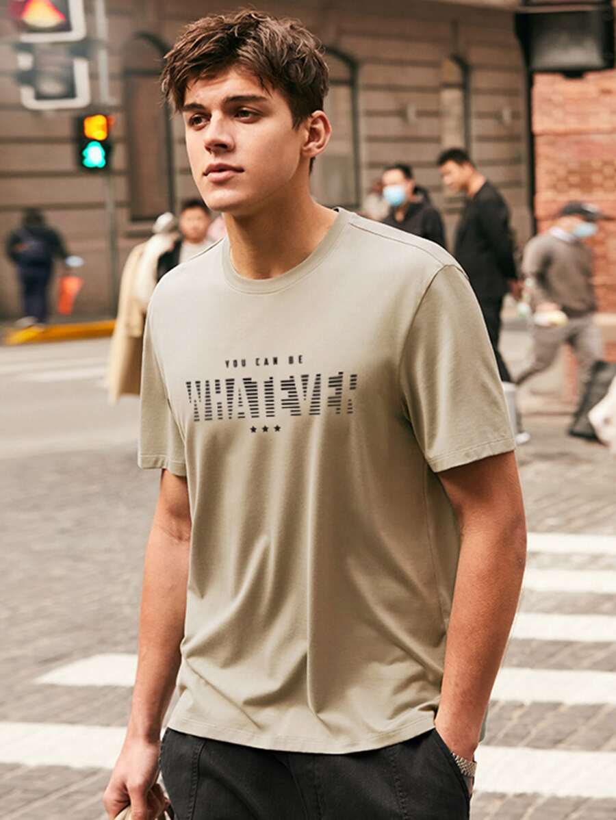 Tops Nam Hình học Lá thư Giải trí - Màu Khaki - Xem 1