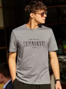 Hombres Camiseta con estampado de estrella & slogan - Gris - Ver 1