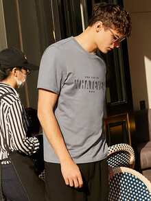 Hombres Camiseta con estampado de estrella & slogan - Gris - Ver 4