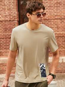 男士花卉圖案和標語圖案T恤 - 卡其色 - 查看 1