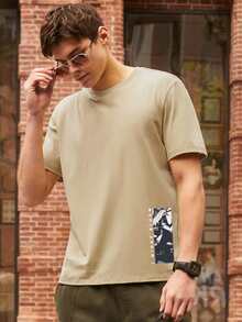 男士花卉圖案和標語圖案T恤 - 卡其色 - 查看 3