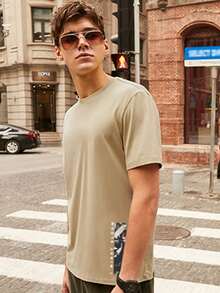 男士花卉圖案和標語圖案T恤 - 卡其色 - 查看 5