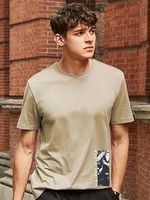 男士花卉圖案和標語圖案T恤 - 卡其色 - 查看 6