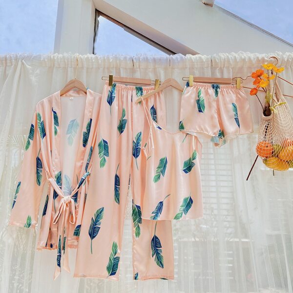 

4pcs Tropical Print Belted Satin Night Set, Coral pink