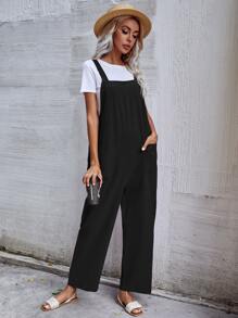 SHEIN Unity Mono overol unicolor con doble bolsillo sin camiseta - Negro - Ver 1