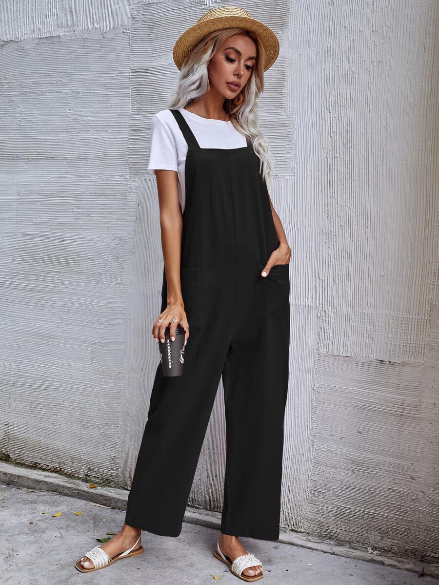 SHEIN Unity Mono overol unicolor con doble bolsillo sin camiseta - Negro - Ver 1