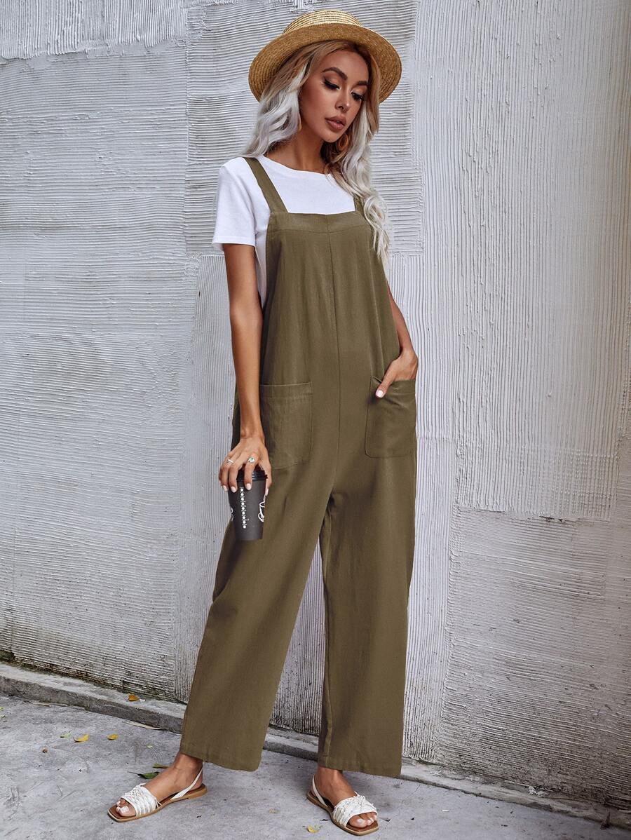 Mono overol unicolor con bolsillo sin camiseta - Verde militar - Ver 1