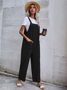 SHEIN Unity Mono overol unicolor con doble bolsillo sin camiseta - Negro - Ver 3