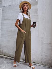 Mono overol unicolor con bolsillo sin camiseta - Verde militar - Ver 3