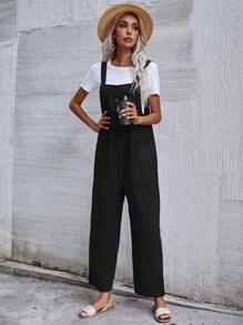 SHEIN Unity Mono overol unicolor con doble bolsillo sin camiseta - Negro - Ver 5