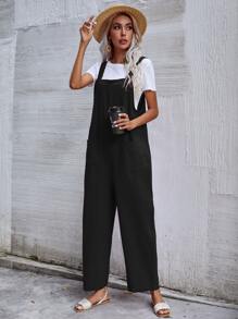 SHEIN Unity Mono overol unicolor con doble bolsillo sin camiseta - Negro - Ver 7
