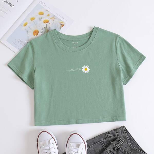 

Sunflower & Letter Print Round Neck Top, Green
