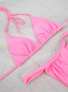 SHEIN Swim Summer Beach Solid Triangle Thong Bikini - Pink - View 2