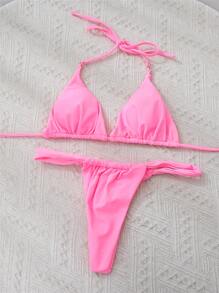 SHEIN Swim Summer Beach Solid Triangle Thong Bikini - Pink - View 3