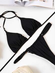 Swim SXY Summer Beach Solid Triangle Thong Bikini - Black - View 2