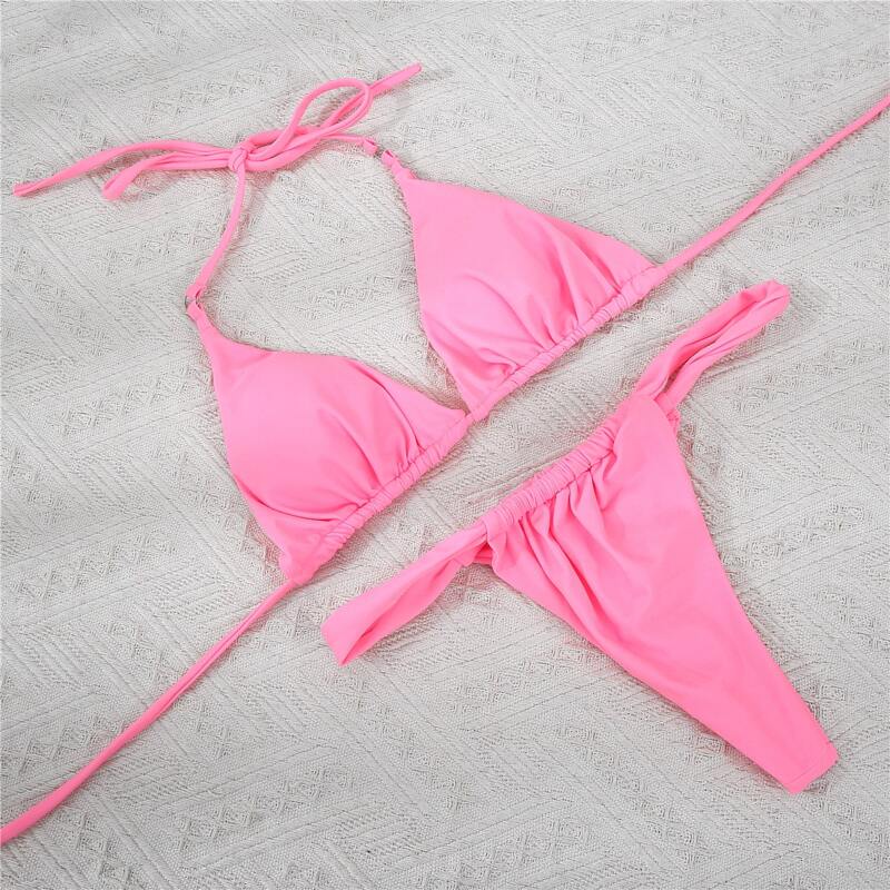 

Solid Triangle Thong Bikini Swimsuit, Pink