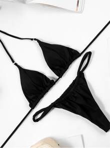 Swim SXY Summer Beach Solid Triangle Thong Bikini - Black - View 3