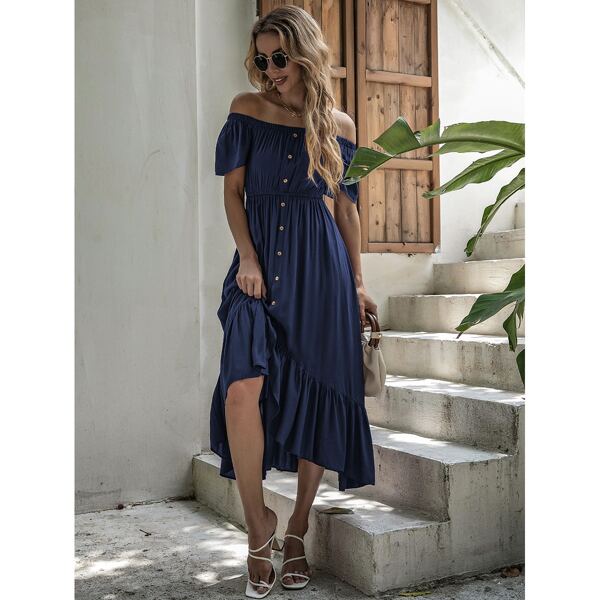 

Button Front Bardot A-line Dress, Navy blue