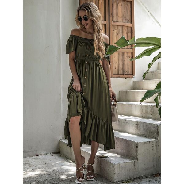 

Button Front Bardot A-line Dress, Army green