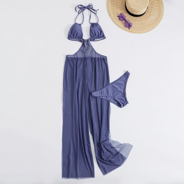 

2pack Contrast Mesh Split Side Halter Cover Up Set, Purple