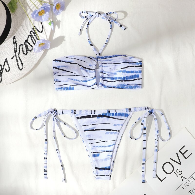 

Allover Print Halter Thong Bikini Swimsuit, Multicolor