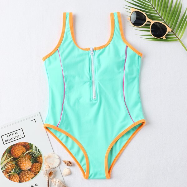 

Girls Contrast Binding Zip Front One Piece Swimsuit, Green