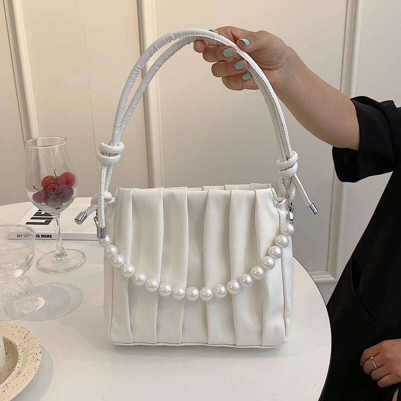

Faux Pearl Decor Ruched Shoulder Bag, White