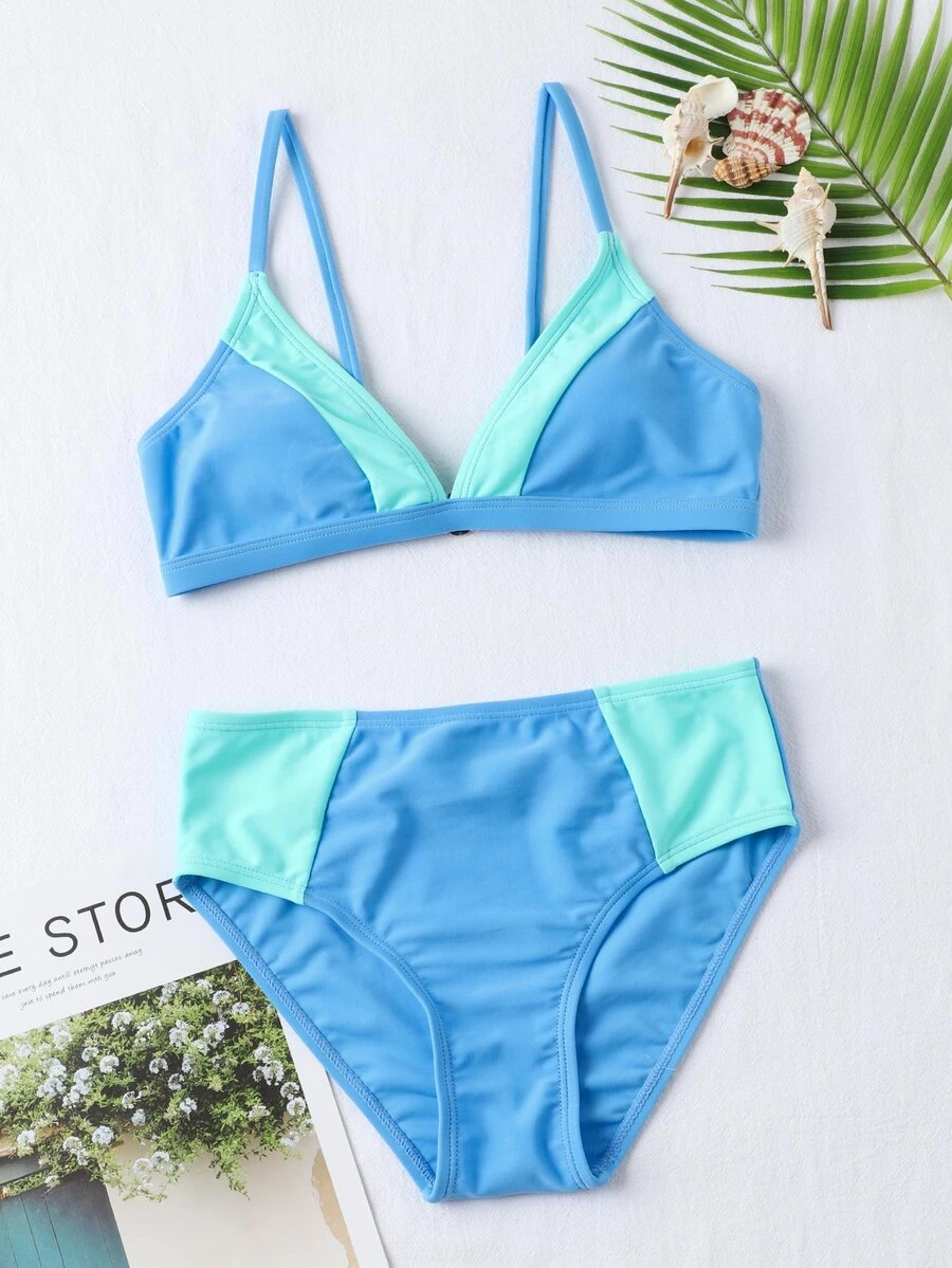 Tween Girl Color Block Bikini Set Summer Beach - Blue - View 1