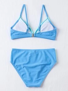 Tween Girl Color Block Bikini Set Summer Beach - Blue - View 2