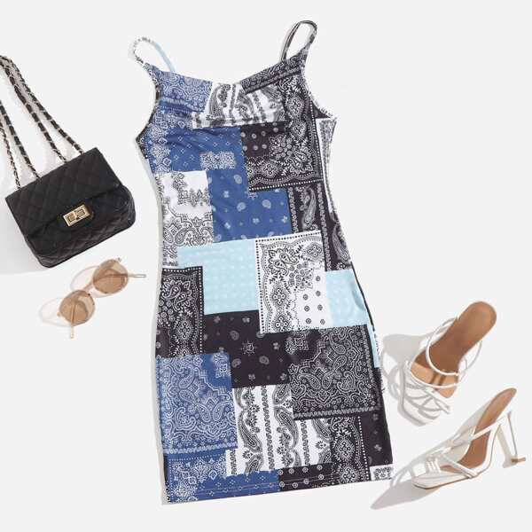 

Scarf Print Patchwork Cami Dress, Multicolor