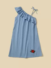 貼花不對稱領連衣裙 - 霧霾藍 - 查看 1