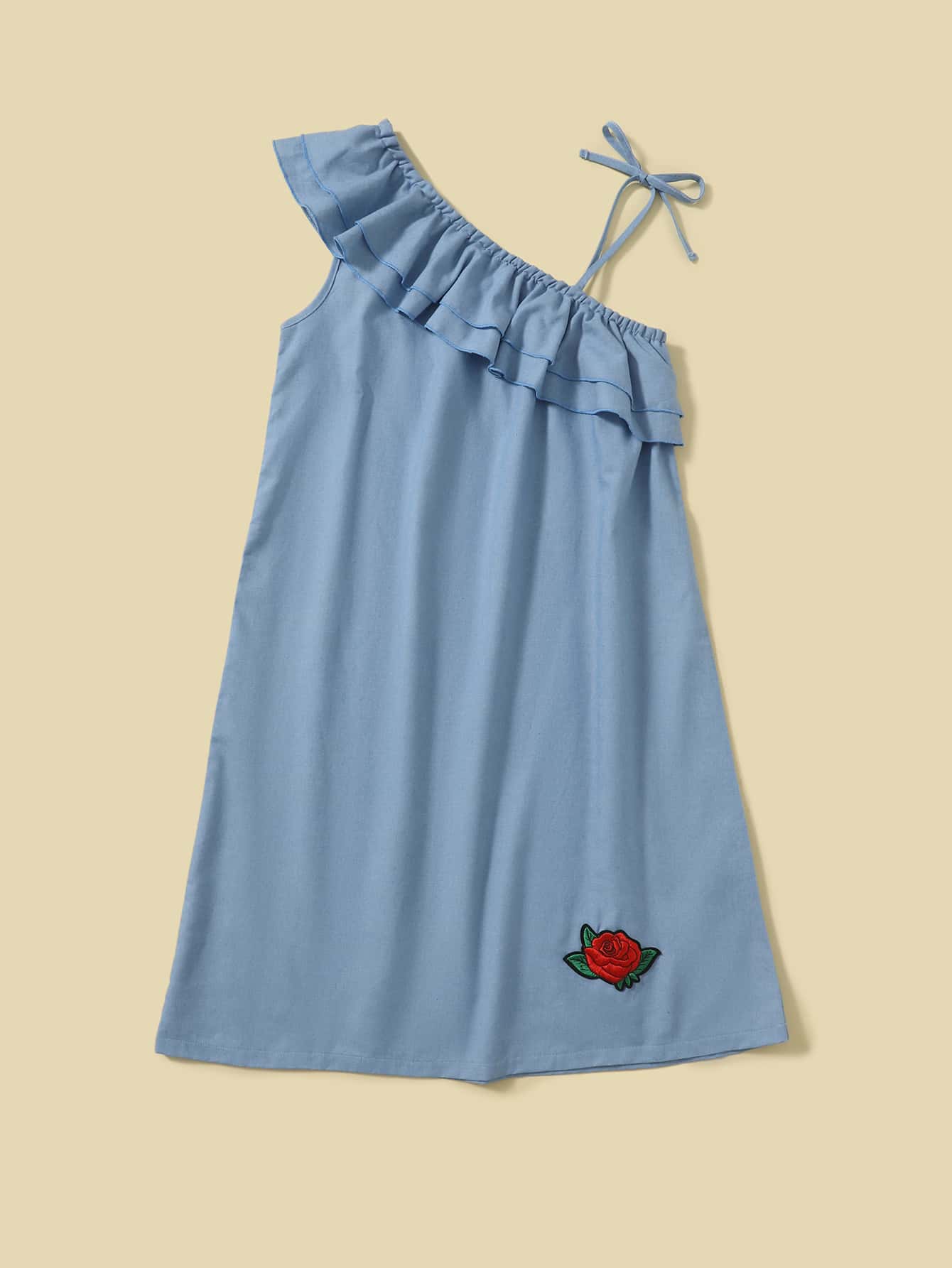 貼花不對稱領連衣裙 - 霧霾藍 - 查看 1