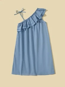 貼花不對稱領連衣裙 - 霧霾藍 - 查看 2