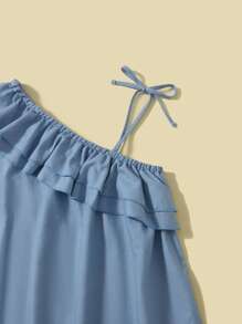 貼花不對稱領連衣裙 - 霧霾藍 - 查看 3