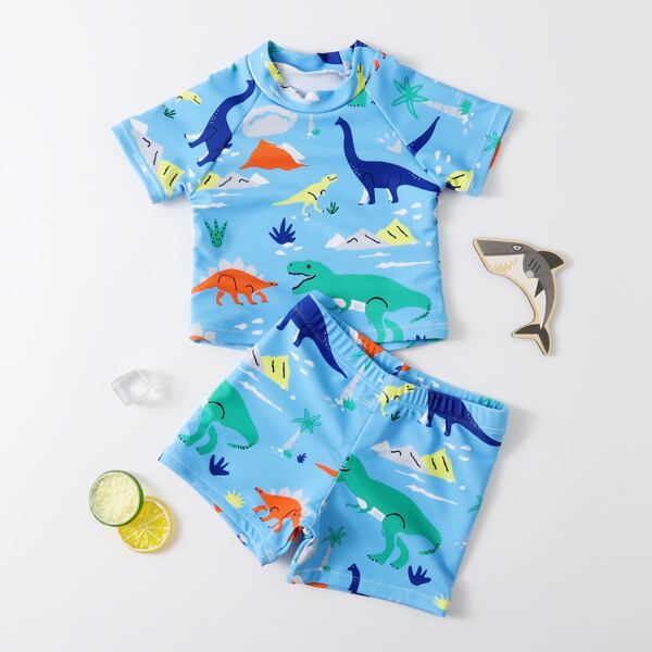 

Baby Boy Cartoon Dinosaur Print Two Piece Swimsuit, Blue